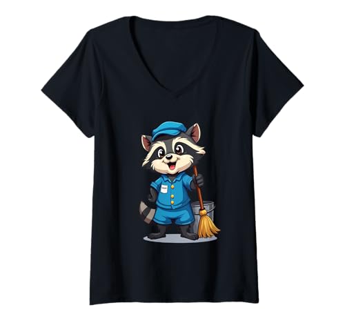 Damen Waschbär mit Mopp und Eimer – Tierfigur im Putz-Outfit T-Shirt mit V-Ausschnitt von Animals of the World - Raccoon
