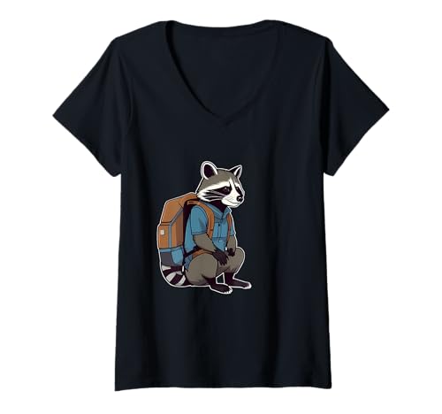 Damen Waschbär mit Rucksack im flachen Grafikstil T-Shirt mit V-Ausschnitt von Animals of the World - Raccoon