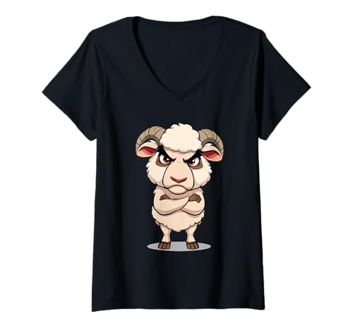 Damen Cartoon Widder Mit Verschränkten Armen Grafik T-Shirt mit V-Ausschnitt von Animals of the World - Ram