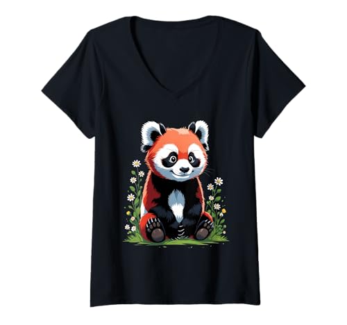 Damen Roter Panda Cartoon Tier Grafik mit Blumen T-Shirt mit V-Ausschnitt Damen Roter Panda Cartoon Tier Grafik mit Blumen T-Shirt mit V-Ausschnitt von Animals of the World - Red Panda