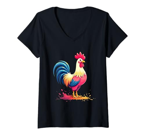 Damen Bunter Hahn im modernen Comicstil stehend T-Shirt mit V-Ausschnitt Damen Bunter Hahn im modernen Comicstil stehend T-Shirt mit V-Ausschnitt von Animals of the World - Rooster