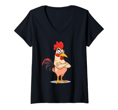 Damen Grimmiger Hahn (Rooster): Cartoon-Tierillustration T-Shirt mit V-Ausschnitt von Animals of the World - Rooster
