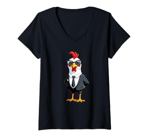 Damen Lustiger Hahn im Anzug mit Brille T-Shirt mit V-Ausschnitt Damen Lustiger Hahn im Anzug mit Brille T-Shirt mit V-Ausschnitt von Animals of the World - Rooster