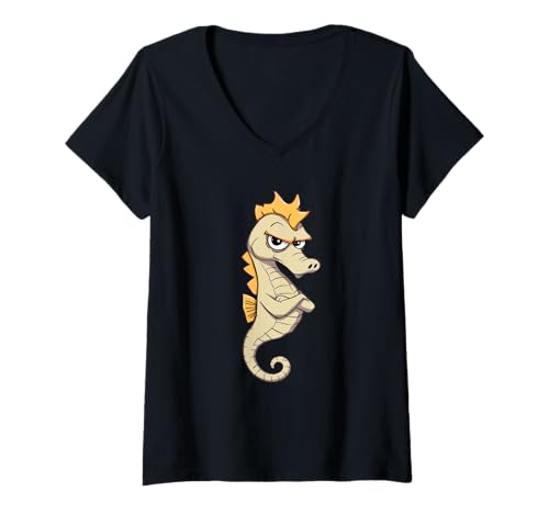 Damen Grimmiges Seepferdchen: Cartoon-Tierillustration T-Shirt mit V-Ausschnitt Damen Grimmiges Seepferdchen: Cartoon-Tierillustration T-Shirt mit V-Ausschnitt von Animals of the World - Seahorse