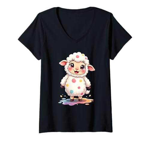 Damen Cartoon Schaf mit bunten Punkten – Tierisches Motiv T-Shirt mit V-Ausschnitt Damen Cartoon Schaf mit bunten Punkten – Tierisches Motiv T-Shirt mit V-Ausschnitt von Animals of the World - Sheep