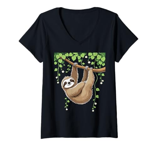 Damen Cartoon Faultier Illustration am AST T-Shirt mit V-Ausschnitt von Animals of the World - Sloth