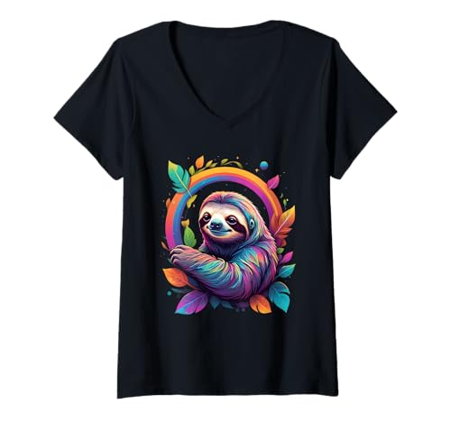 Damen Chilliges Weltraum Faultier am Regenbogen-Ast - Tiermotiv T-Shirt mit V-Ausschnitt Damen Chilliges Weltraum Faultier am Regenbogen-Ast - Tiermotiv T-Shirt mit V-Ausschnitt von Animals of the World - Sloth