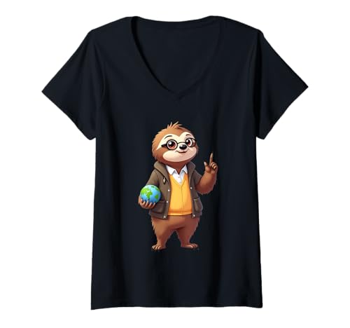 Damen Faultier mit Brille und Weltkugel – Lehrerillustration T-Shirt mit V-Ausschnitt Damen Faultier mit Brille und Weltkugel – Lehrerillustration T-Shirt mit V-Ausschnitt von Animals of the World - Sloth