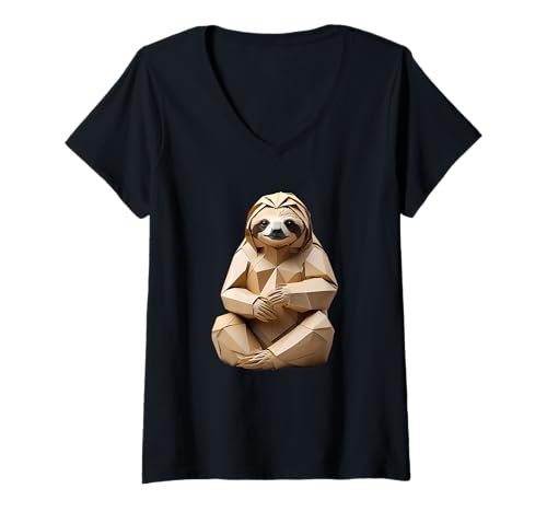 Damen Minimalistisches Origami-Faultier im Papierfalt-Stil T-Shirt mit V-Ausschnitt Damen Minimalistisches Origami-Faultier im Papierfalt-Stil T-Shirt mit V-Ausschnitt von Animals of the World - Sloth