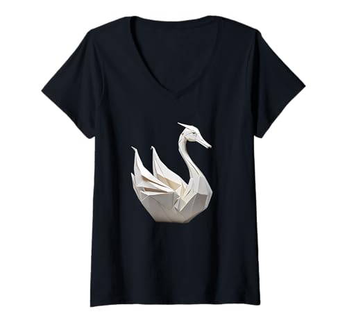 Damen Minimalistischer Origami-Schwan im Papierfalt-StilMinimalis T-Shirt mit V-Ausschnitt Damen Minimalistischer Origami-Schwan im Papierfalt-StilMinimalis T-Shirt mit V-Ausschnitt von Animals of the World - Swan