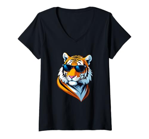 Damen Stilisierter Comic-Tigerkopf mit Sonnenbrille T-Shirt mit V-Ausschnitt Damen Stilisierter Comic-Tigerkopf mit Sonnenbrille T-Shirt mit V-Ausschnitt von Animals of the World - Tiger