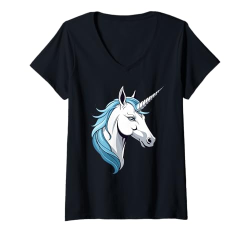 Damen Einhorn Cartoon Kopf mit Blauer Mähne T-Shirt mit V-Ausschnitt Damen Einhorn Cartoon Kopf mit Blauer Mähne T-Shirt mit V-Ausschnitt von Animals of the World - Unicorn