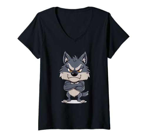 Damen Grimmiger Cartoon Wolf Tier Illustration T-Shirt mit V-Ausschnitt von Animals of the World - Wolf