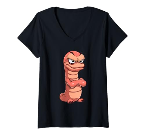 Damen Grimmiger Cartoon-Wurm Illustration T-Shirt mit V-Ausschnitt Damen Grimmiger Cartoon-Wurm Illustration T-Shirt mit V-Ausschnitt von Animals of the World - Worm