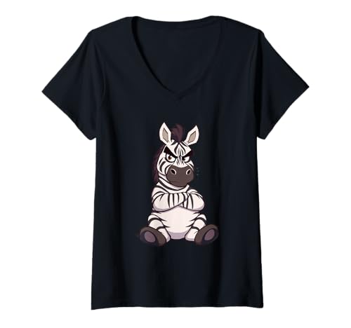 Damen Grimmiges Comic-Zebra mit ernstem Blick T-Shirt mit V-Ausschnitt Damen Grimmiges Comic-Zebra mit ernstem Blick T-Shirt mit V-Ausschnitt von Animals of the World - Zebra