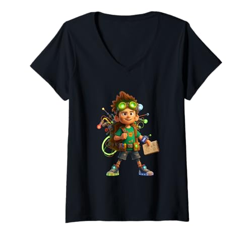 Damen Danny Hoopenbiller der junge Erfinder im Sci-Fi-Stil T-Shirt mit V-Ausschnitt Damen Danny Hoopenbiller der junge Erfinder im Sci-Fi-Stil T-Shirt mit V-Ausschnitt von Animated Genius Kid with Glowing Inventions