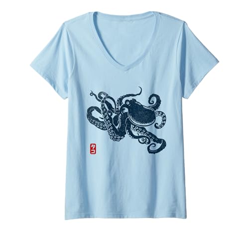 Damen Japanische ästhetische Vintage Kraken Octopus T-Shirt mit V-Ausschnitt Damen Japanische ästhetische Vintage Kraken Octopus T-Shirt mit V-Ausschnitt von Anime Aesthetic Retro Vintage Store