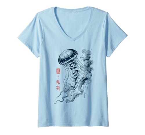 Damen Japanischer Ästhetik asiatischer Vintage Medusa Qualle T-Shirt mit V-Ausschnitt von Anime Aesthetic Retro Vintage Store