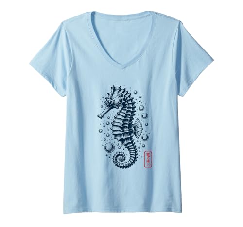 Damen Seepferdchen Japanisches Kanji Ozeantier Kunst T-Shirt mit V-Ausschnitt von Anime Aesthetic Retro Vintage Store