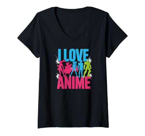 Damen I Love Anime Figur Silhouette Art T-Shirt mit V-Ausschnitt Damen I Love Anime Figur Silhouette Art T-Shirt mit V-Ausschnitt von Anime Culture Enthusiast Collection
