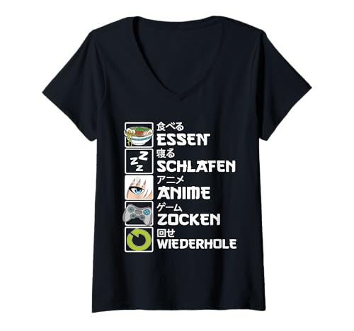 Damen Essen Schlaf Anime Zocken Wiederholen - Lustiges Design T-Shirt mit V-Ausschnitt Damen Essen Schlaf Anime Zocken Wiederholen - Lustiges Design T-Shirt mit V-Ausschnitt von Anime Design, Zocken Design, Schlafliebhaber Essen