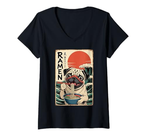 Damen Anime Mops Ramen Japaner lustiger Grafik Mops Anime T-Shirt mit V-Ausschnitt Damen Anime Mops Ramen Japaner lustiger Grafik Mops Anime T-Shirt mit V-Ausschnitt von Anime Design Mops Ramen -Nudeln
