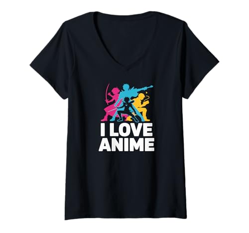 Damen I Love Anime Silhouette Charaktere T-Shirt mit V-Ausschnitt Damen I Love Anime Silhouette Charaktere T-Shirt mit V-Ausschnitt von Anime Enthusiast Expression Wear