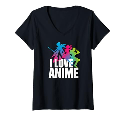 Damen Bunte Charaktere I Love Anime Passion T-Shirt mit V-Ausschnitt von Anime Enthusiasts Vibrant Characters Statement