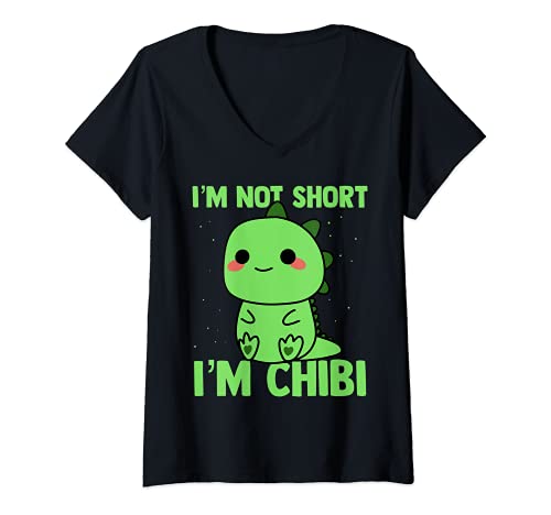 Damen I'm Not Short I'm Chibi Lustige Anime Dinosaurier Kawaii T-Shirt mit V-Ausschnitt von Anime Gifts for Teens Girls and Boys