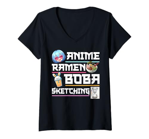 Damen Kawaii Anime Ramen Boba Skizzieren Nudeln Otaku Manga Frauen T-Shirt mit V-Ausschnitt Damen Kawaii Anime Ramen Boba Skizzieren Nudeln Otaku Manga Frauen T-Shirt mit V-Ausschnitt von Anime Girl Japanese Ramen Boba Tea Bubble Tea