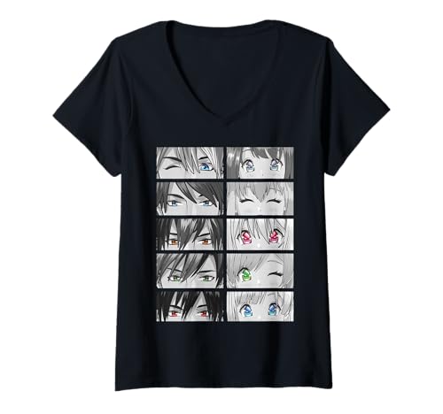 Damen Anime Gesichter Kawaii Augen Gesicht T-Shirt mit V-Ausschnitt von Anime Japan Kultur Geschenke & Motive by LEITMOTIF