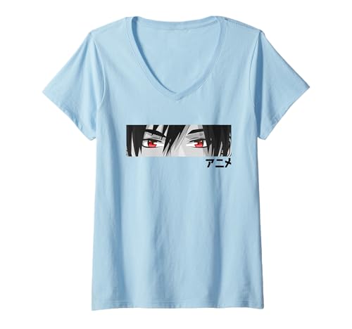 Damen Anime in japanischer Schrift Kawaii Augen Gesicht T-Shirt mit V-Ausschnitt von Anime Japan Kultur Geschenke & Motive by LEITMOTIF