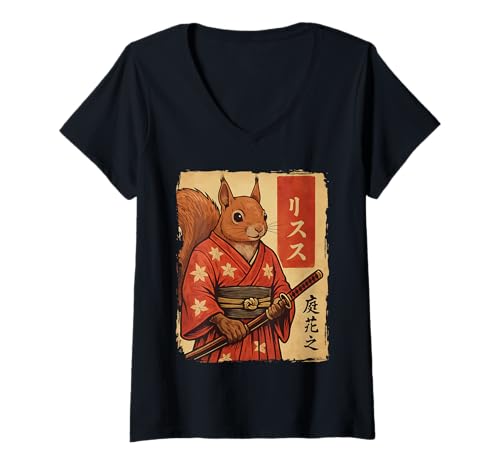 Damen Eichhörnchen Samurai Japanisch Katana T-Shirt mit V-Ausschnitt Damen Eichhörnchen Samurai Japanisch Katana T-Shirt mit V-Ausschnitt von Anime Japan Samurai Eichhörnchen