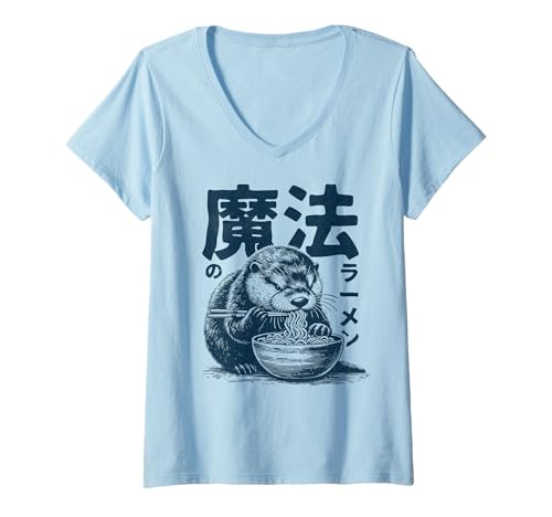 Damen Ramen Seeotter Kawauso – Japanischer Ramen Otter T-Shirt mit V-Ausschnitt von Anime Japanese Aesthetic Retro Vintage Store LU