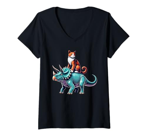 Damen Cute Cat Dinosaur Triceratops T-Shirt mit V-Ausschnitt Damen Cute Cat Dinosaur Triceratops T-Shirt mit V-Ausschnitt von Anime Kawaii Cat Dinosaur Apparel