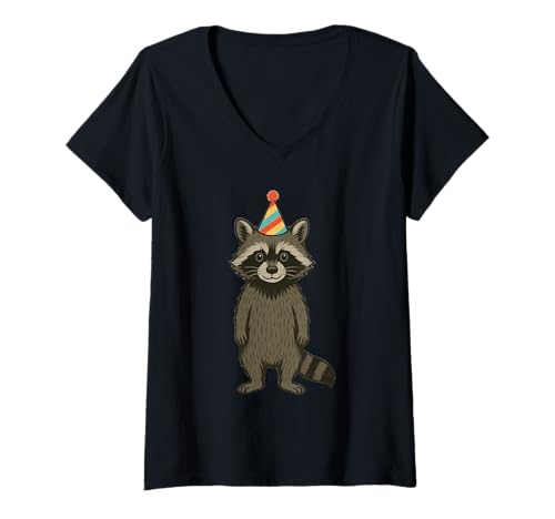 Damen Cute Raccoon Birthday Party Hat T-Shirt mit V-Ausschnitt Damen Cute Raccoon Birthday Party Hat T-Shirt mit V-Ausschnitt von Anime Kawaii Raccoon Birthday Apparel