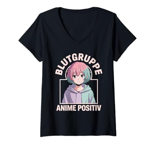 Damen Blutgruppe Anime Positiv Kawaii Style T-Shirt mit V-Ausschnitt von Anime Liebhaber Blutgruppe Positiv
