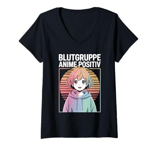 Damen Blutgruppe Anime Positiv Kawaii Style T-Shirt mit V-Ausschnitt von Anime Liebhaber Blutgruppe Positiv