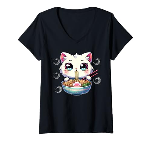 Damen Kawaii Cat Anime Gifts Cat Ramen-Grafik-T-Shirt, japanisch, lustig T-Shirt mit V-Ausschnitt Damen Kawaii Cat Anime Gifts Cat Ramen-Grafik-T-Shirt, japanisch, lustig T-Shirt mit V-Ausschnitt von Anime Men Women Cat Ramen Noodles