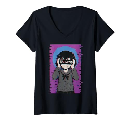 Damen Trauriges Anime-Mädchen Sadness Vaporwave Japanischer Streetwear-Anime T-Shirt mit V-Ausschnitt von Anime Merch Egirl Eboy Vaporwave Techwear Clothes
