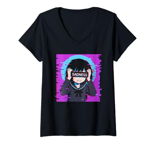 Damen Trauriges Anime-Mädchen Sadness Vaporwave Japanischer Streetwear-Anime T-Shirt mit V-Ausschnitt von Anime Merch Egirl Eboy Vaporwave Techwear Clothes