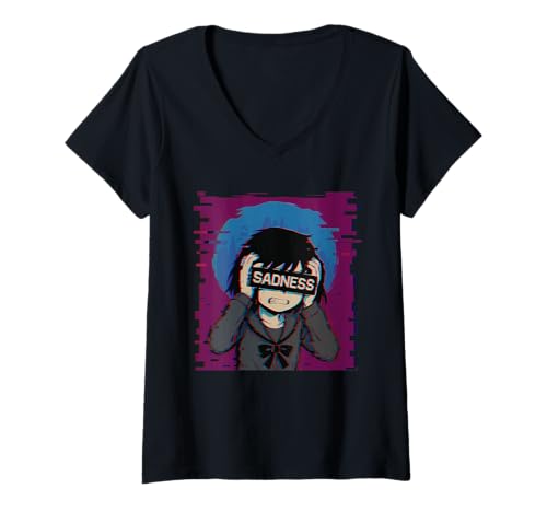 Damen Trauriges Anime-Mädchen Sadness Vaporwave Japanischer Streetwear-Anime T-Shirt mit V-Ausschnitt von Anime Merch Egirl Eboy Vaporwave Techwear Clothes