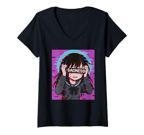 Damen Trauriges Anime-Mädchen Sadness Vaporwave Japanischer Streetwear-Anime T-Shirt mit V-Ausschnitt von Anime Merch Egirl Eboy Vaporwave Techwear Clothes