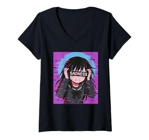 Damen Trauriges Anime-Mädchen Sadness Vaporwave Japanischer Streetwear-Anime T-Shirt mit V-Ausschnitt von Anime Merch Egirl Eboy Vaporwave Techwear Clothes