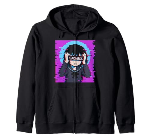 Trauriges Anime-Mädchen Sadness Vaporwave Japanischer Streetwear-Anime Kapuzenjacke von Anime Merch Egirl Eboy Vaporwave Techwear Clothes