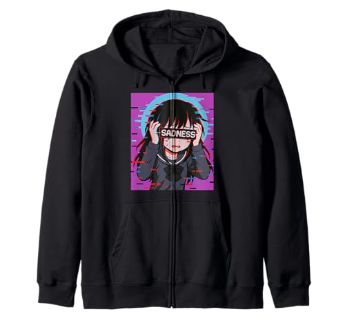 Trauriges Anime-Mädchen Sadness Vaporwave Japanischer Streetwear-Anime Kapuzenjacke von Anime Merch Egirl Eboy Vaporwave Techwear Clothes