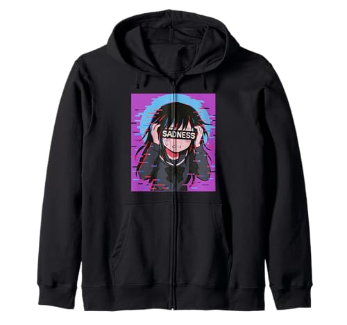 Trauriges Anime-Mädchen Sadness Vaporwave Japanischer Streetwear-Anime Kapuzenjacke von Anime Merch Egirl Eboy Vaporwave Techwear Clothes