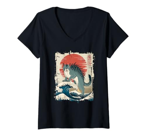 Damen Monsterkatze Über Wellen 猫のジラ Japanische Anime Fantasie T-Shirt mit V-Ausschnitt von Anime Monsterkatze Nostalgie Japan Grafik 猫のジラ