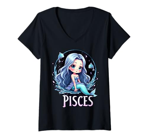 Damen Anime Fische Sternzeichen Süße Meerjungfrau T-Shirt mit V-Ausschnitt Damen Anime Fische Sternzeichen Süße Meerjungfrau T-Shirt mit V-Ausschnitt von Anime Pisces Zodiac Apparel