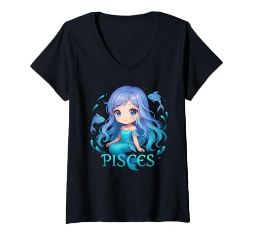 Damen Anime Fische Sternzeichen Süße Meerjungfrau T-Shirt mit V-Ausschnitt Damen Anime Fische Sternzeichen Süße Meerjungfrau T-Shirt mit V-Ausschnitt von Anime Pisces Zodiac Apparel